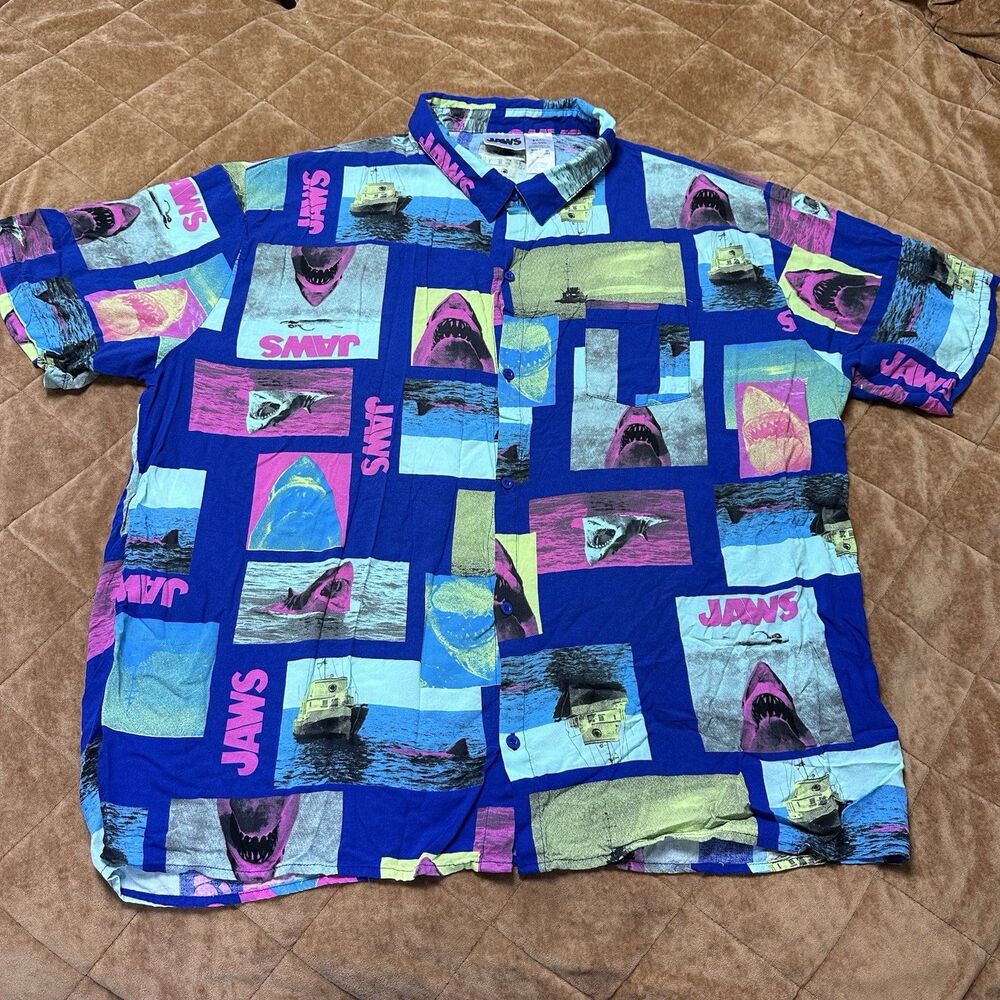 JAWS Movie Hawaiian Shirt All Over Print Mens Size XXXL Blue Short Sleeve